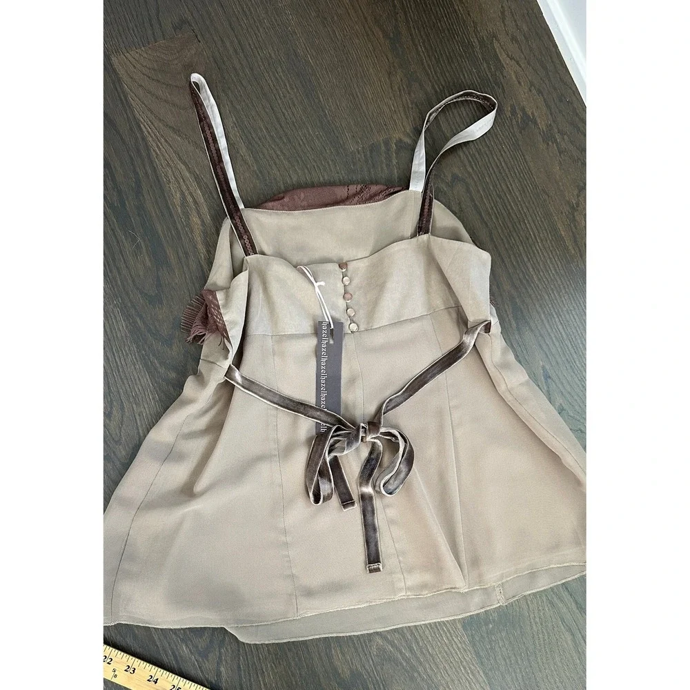 NWT Hazel Hazel Lace Trim Cami Top Brown Beige Boho Y2K Velvet tie back sz S - Picture 10 of 10